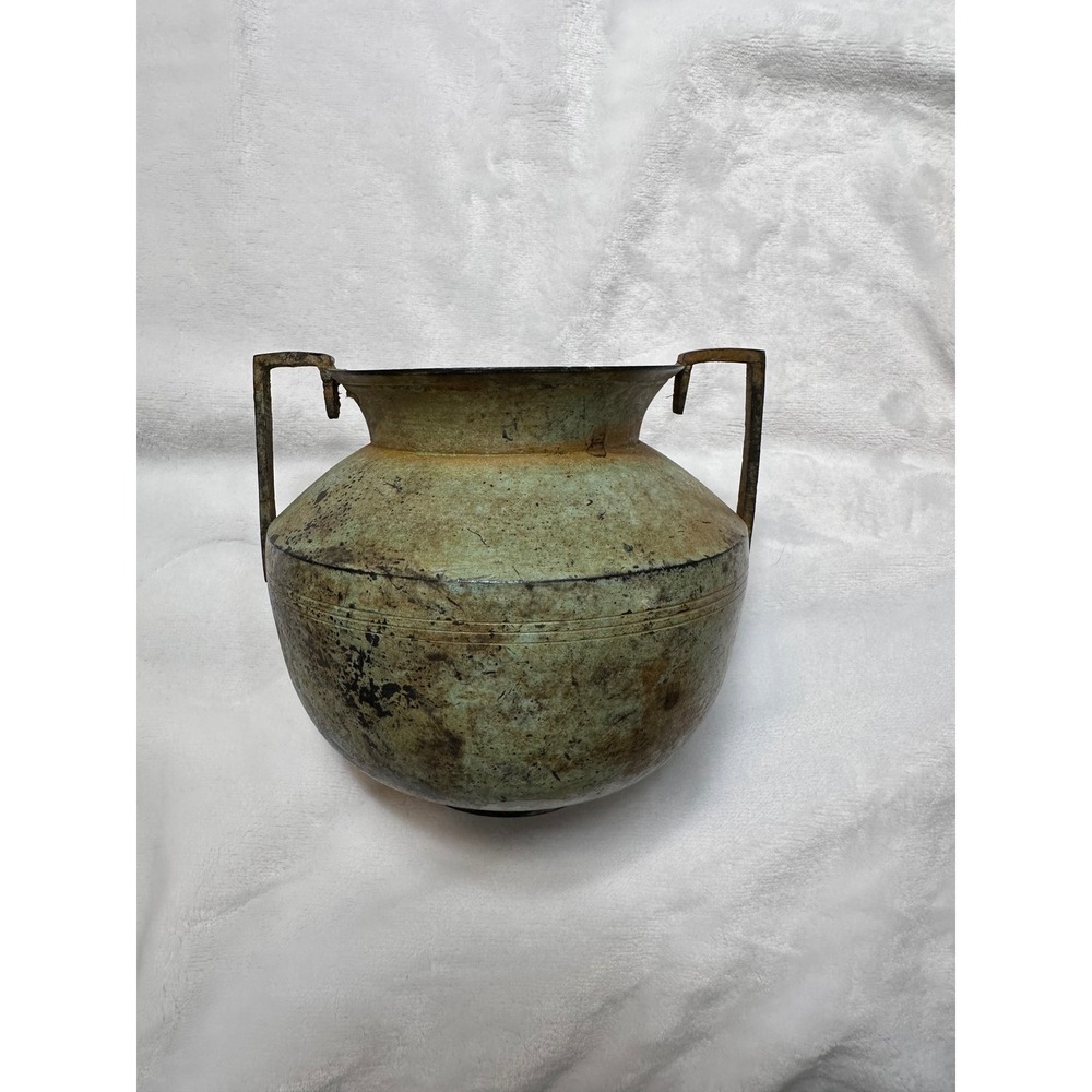 Vintage Verdigris Brass Vessel Rustic Patina Handle Pot Planter 7 Inch